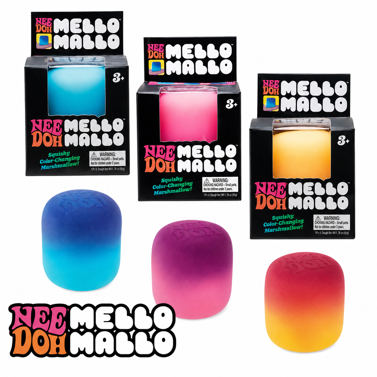 Nee Doh Mello Mallo – färgskiftande marshmallow squishy i blå, rosa och orange
